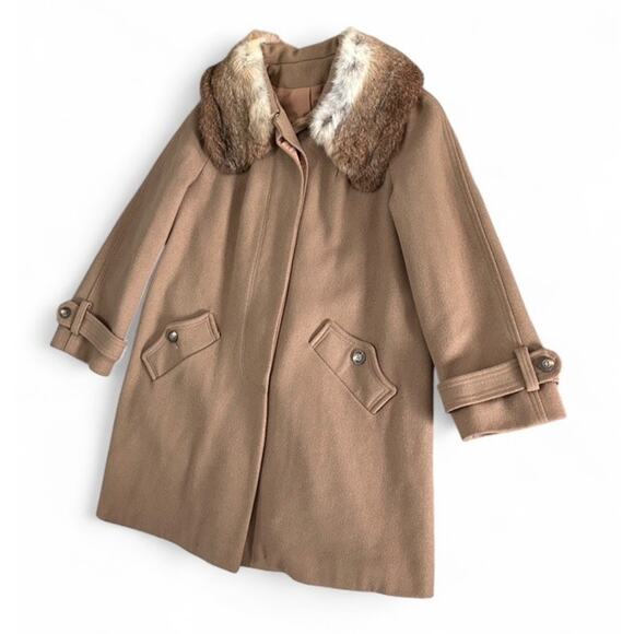 Vintage 70s Sears Women’s Tan Wool Peacoat Real Fur Collar Button Closure S/M - Picture 3 of 10